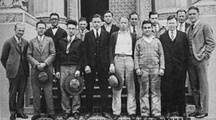 black and white photo of a group of men in front of a UC Berkeley building