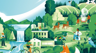 Graphic showing animals, people, and buildings on a landscape