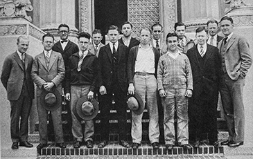 black and white photo of a group of men in front of a UC Berkeley building